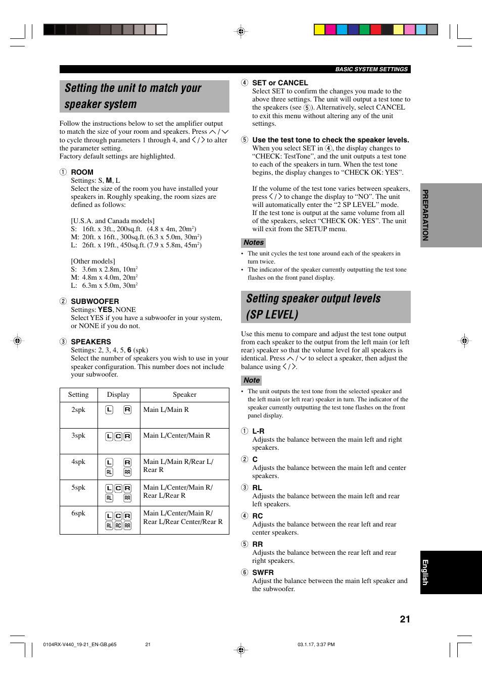 Setting the unit to match your speaker system, Setting speaker output levels (sp level) | Yamaha RX-V440RDS  EN User Manual | Page 23 / 63