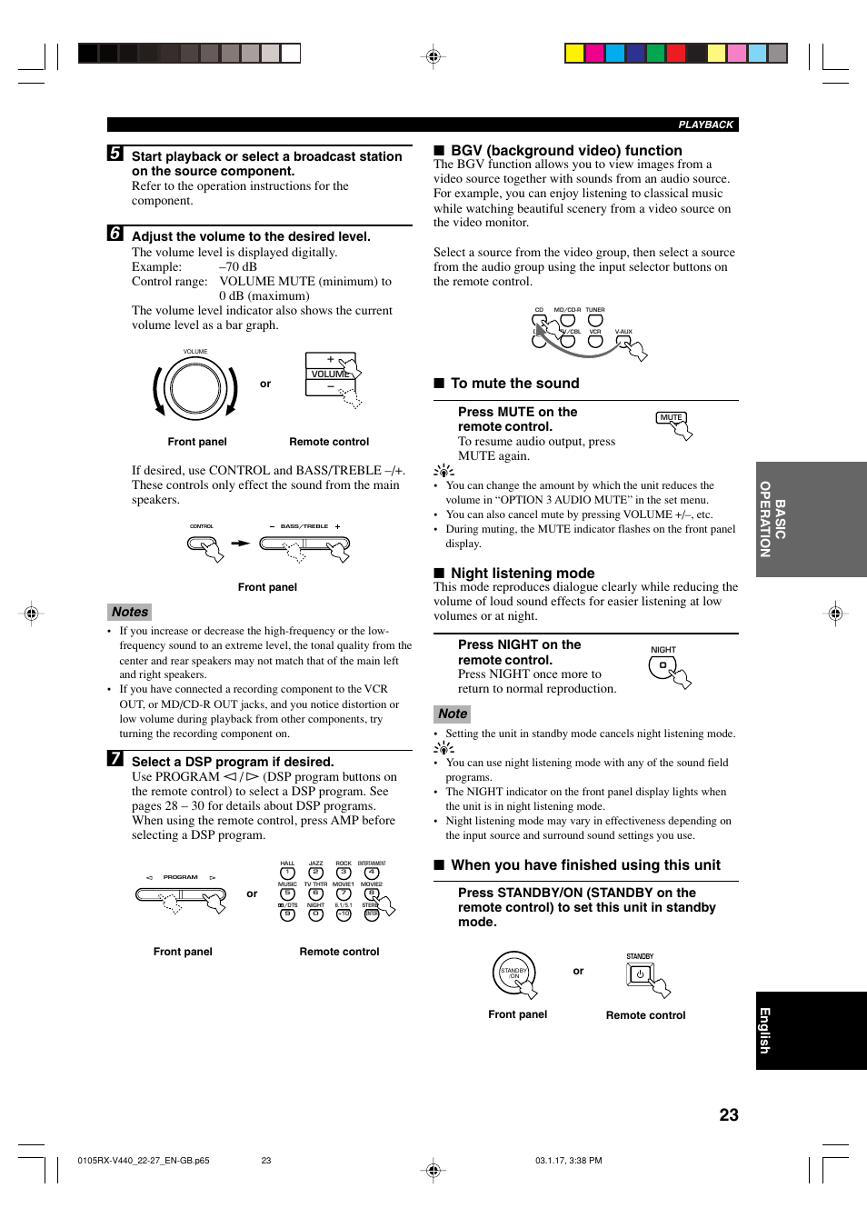 Bgv (background video) function, Night listening mode, When you have finished using this unit | Yamaha RX-V440RDS  EN User Manual | Page 25 / 63