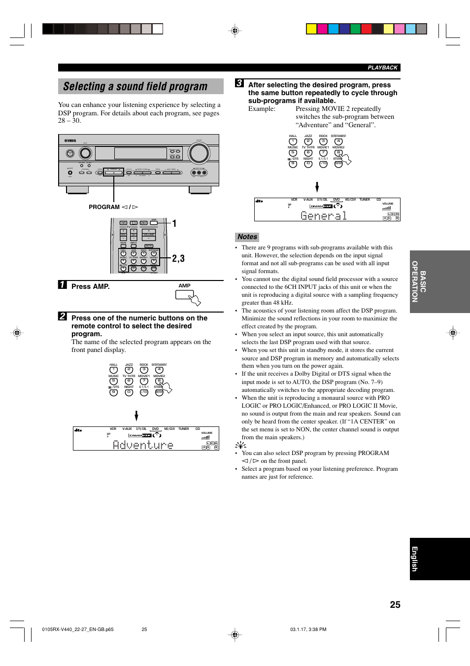 Selecting a sound field program, Adventure, General | English, Basic opera tion, Press amp, Bass/treble control, Program l / h | Yamaha RX-V440RDS  EN User Manual | Page 27 / 63