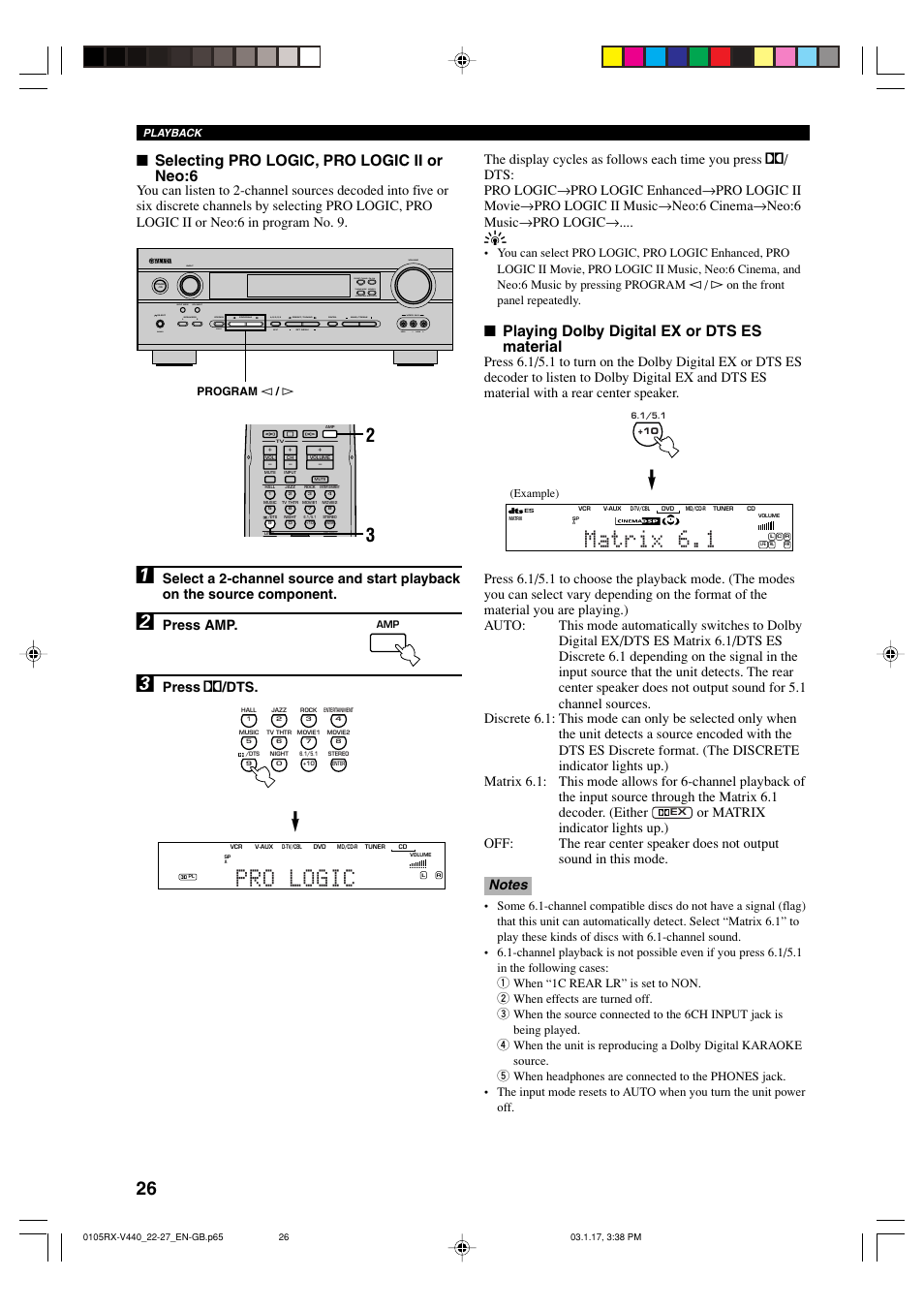 Matrix 6.1, Pro logic, Playing dolby digital ex or dts es material | Selecting pro logic, pro logic ii or neo:6, Press amp, Press q /dts, Bass/treble control | Yamaha RX-V440RDS  EN User Manual | Page 28 / 63