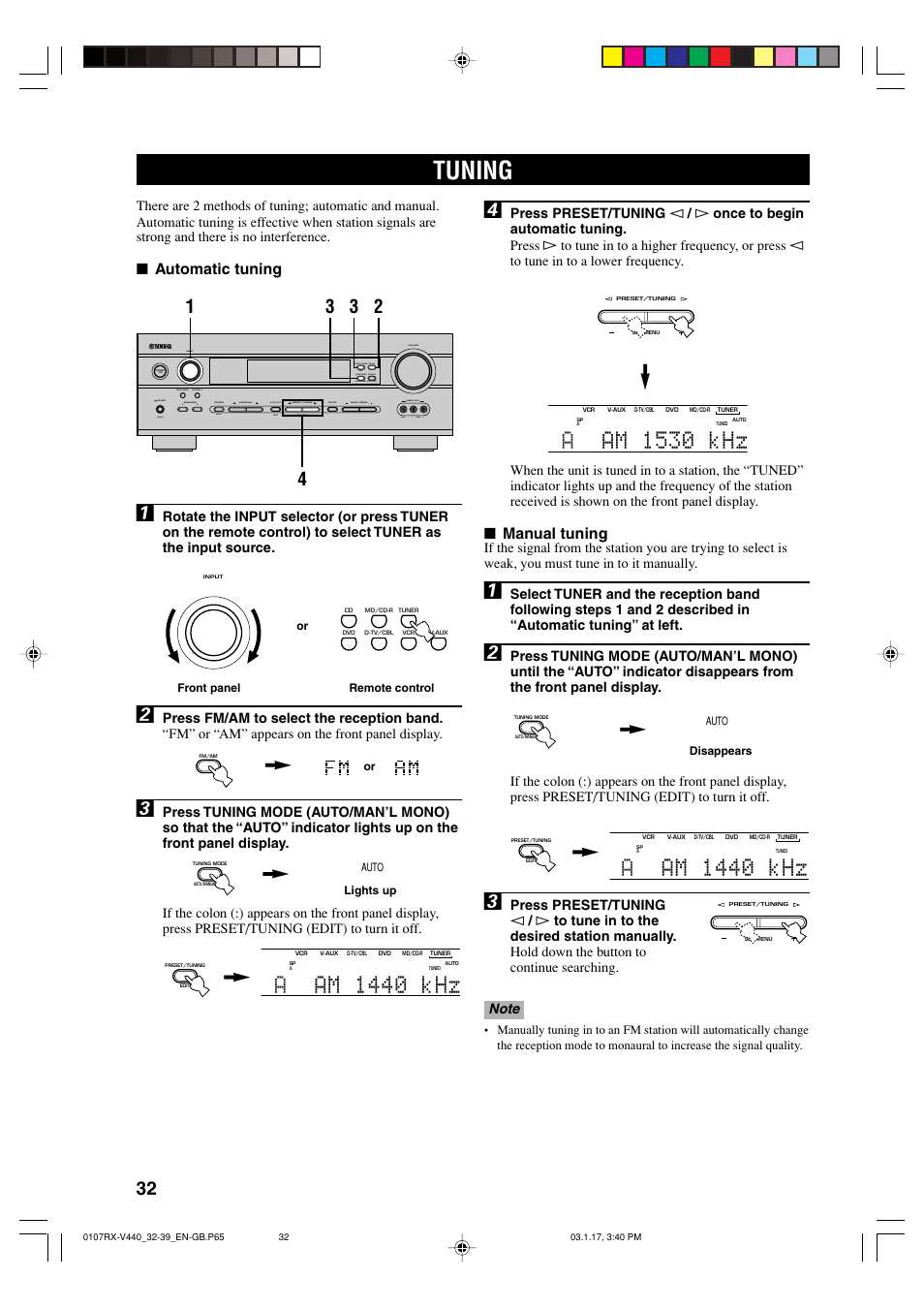 Tuning, Aam 1440 khz, Aam 1530 khz | Manual tuning, Automatic tuning | Yamaha RX-V440RDS  EN User Manual | Page 34 / 63