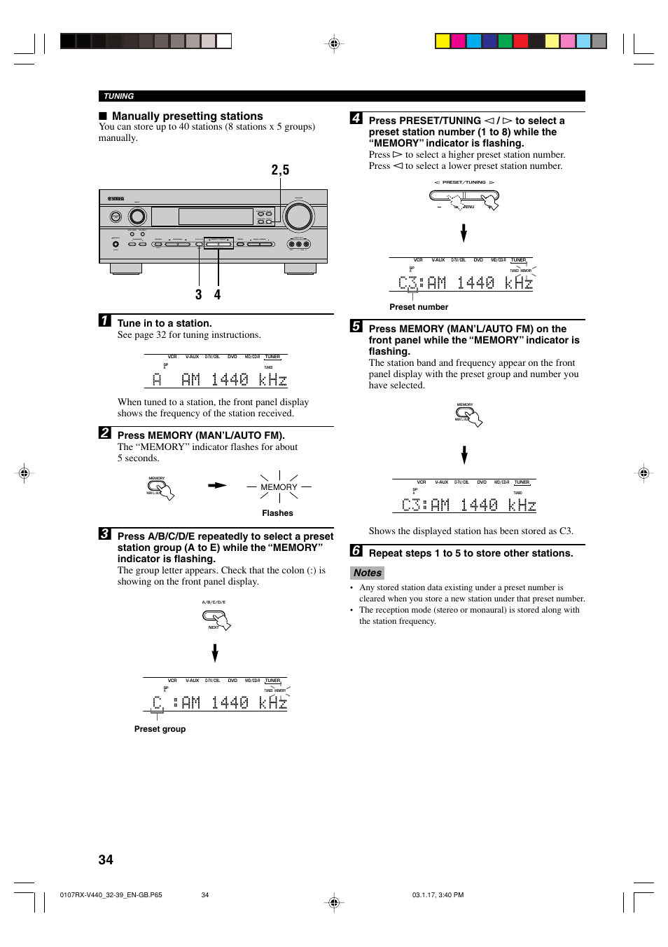 Aam 1440 khz, C : am 1440 khz, Manually presetting stations | Yamaha RX-V440RDS  EN User Manual | Page 36 / 63