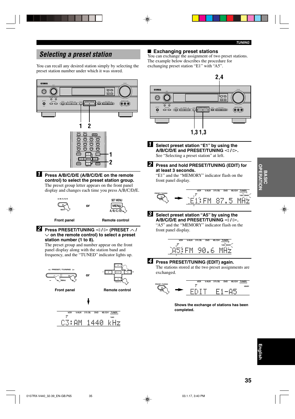Selecting a preset station, E1: fm 87.5 mhz, A5: fm 90.6 mhz | Edit e1-a5, Exchanging preset stations, English b asic opera tion, Bass/treble control | Yamaha RX-V440RDS  EN User Manual | Page 37 / 63