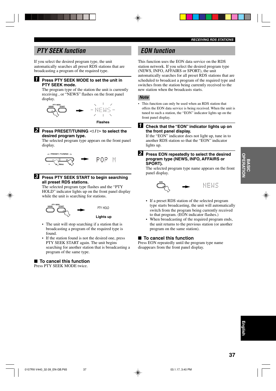 Pty seek function, Eon function | Yamaha RX-V440RDS  EN User Manual | Page 39 / 63