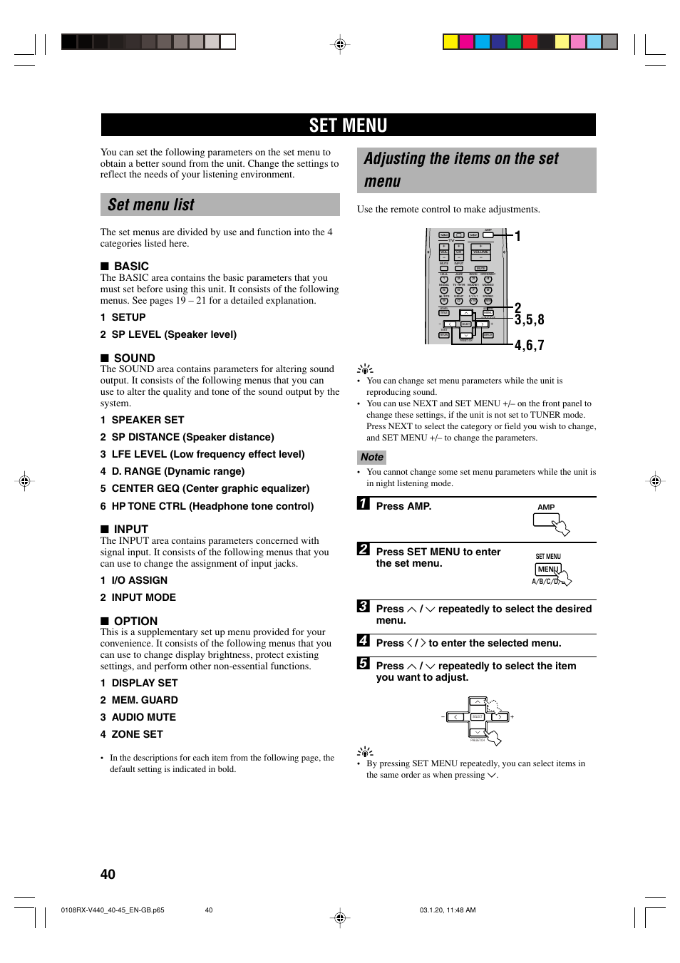 Advanced operation, Set menu, Set menu list | Adjusting the items on the set menu, Basic, Sound, Input, Option, Use the remote control to make adjustments, Press amp | Yamaha RX-V440RDS  EN User Manual | Page 42 / 63