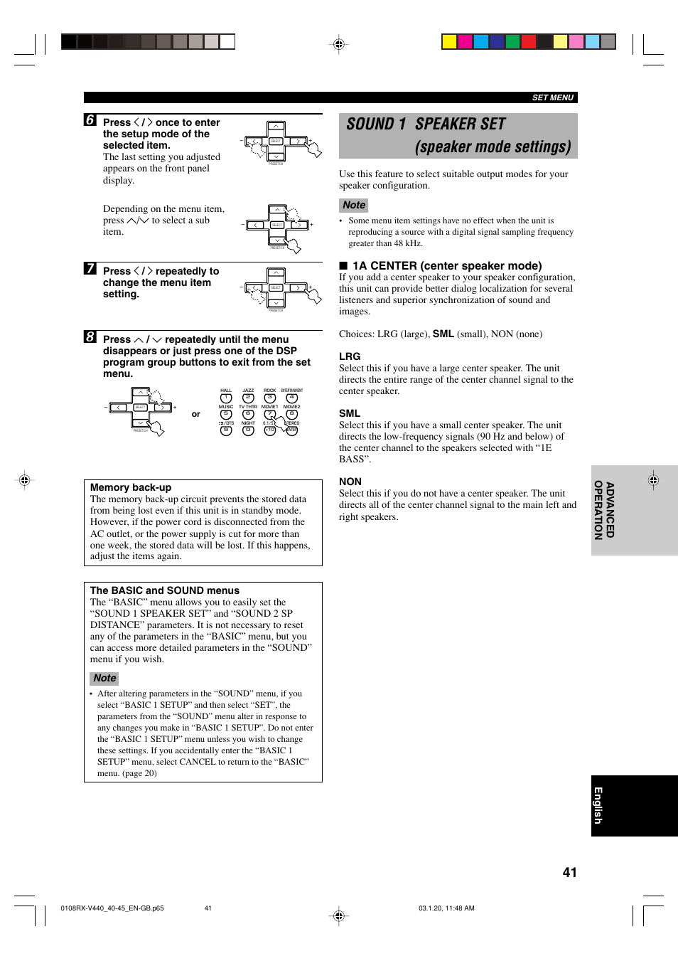 Sound 1 speaker set (speaker mode settings), 1a center (center speaker mode), English ad v anced opera tion | Yamaha RX-V440RDS  EN User Manual | Page 43 / 63