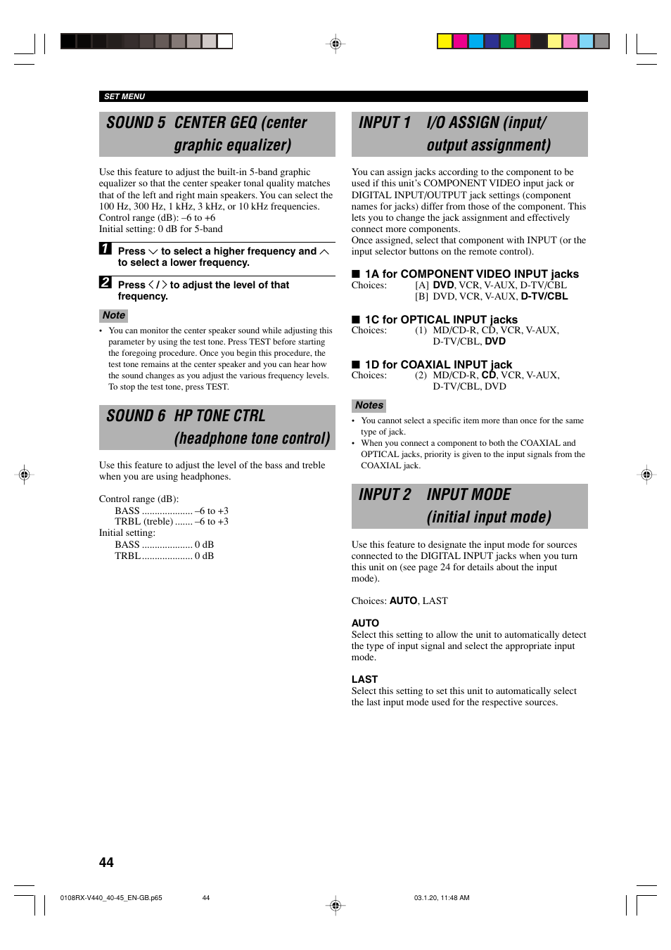 Sound 5 center geq (center graphic equalizer), Sound 6 hp tone ctrl (headphone tone control), Input 1 i/o assign (input/output assignment) | Input 2 input mode (initial input mode), Input 1 i/o assign (input/ output assignment) | Yamaha RX-V440RDS  EN User Manual | Page 46 / 63