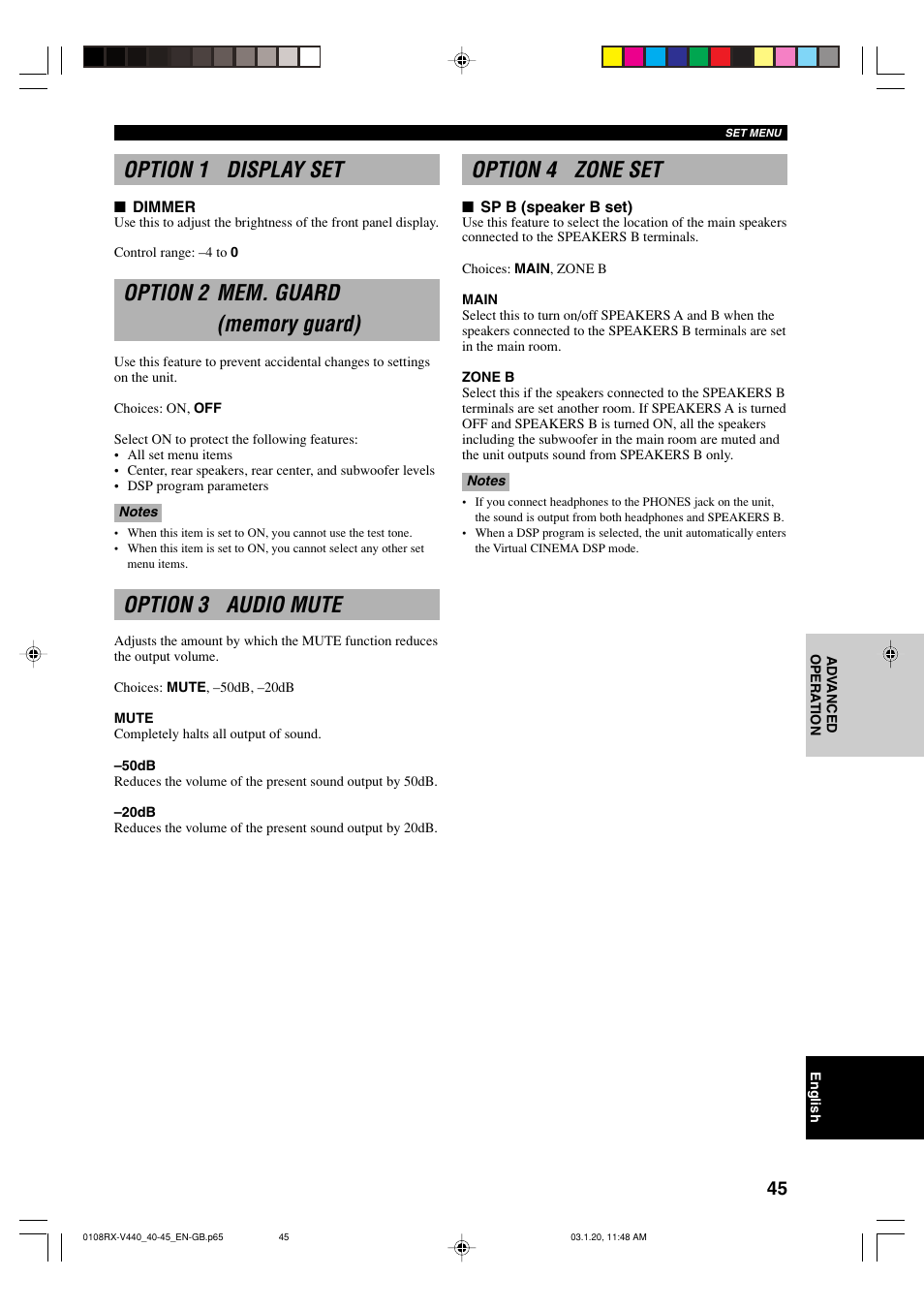Option 1 display set, Option 2 mem. guard (memory guard), Option 3 audio mute | Option 4 zone set | Yamaha RX-V440RDS  EN User Manual | Page 47 / 63