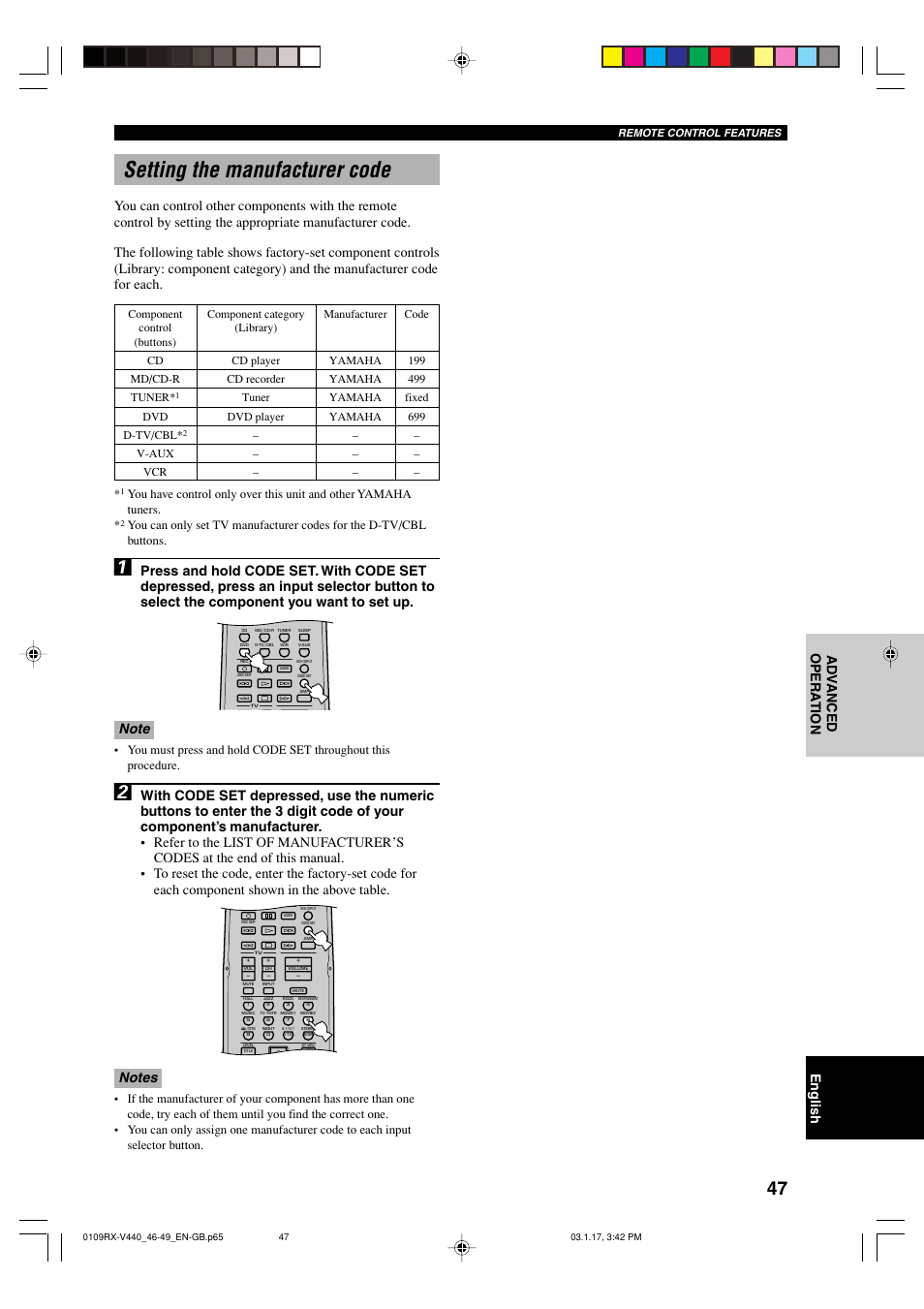 Setting the manufacturer code, English ad v anced opera tion | Yamaha RX-V440RDS  EN User Manual | Page 49 / 63