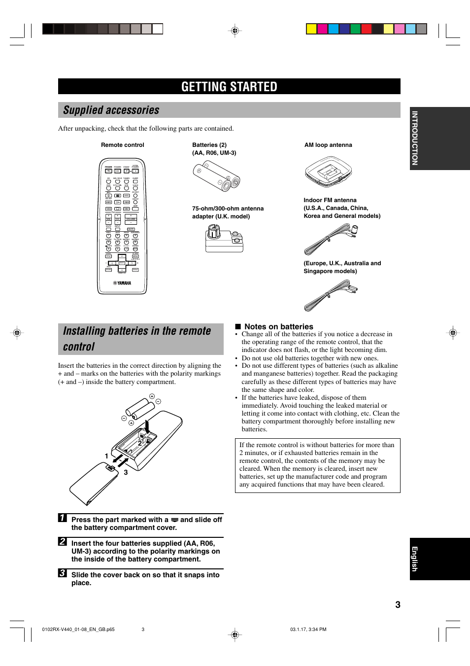 Getting started, Supplied accessories, Installing batteries in the remote control | English intr oduction, Ohm/300-ohm antenna adapter (u.k. model) | Yamaha RX-V440RDS  EN User Manual | Page 5 / 63