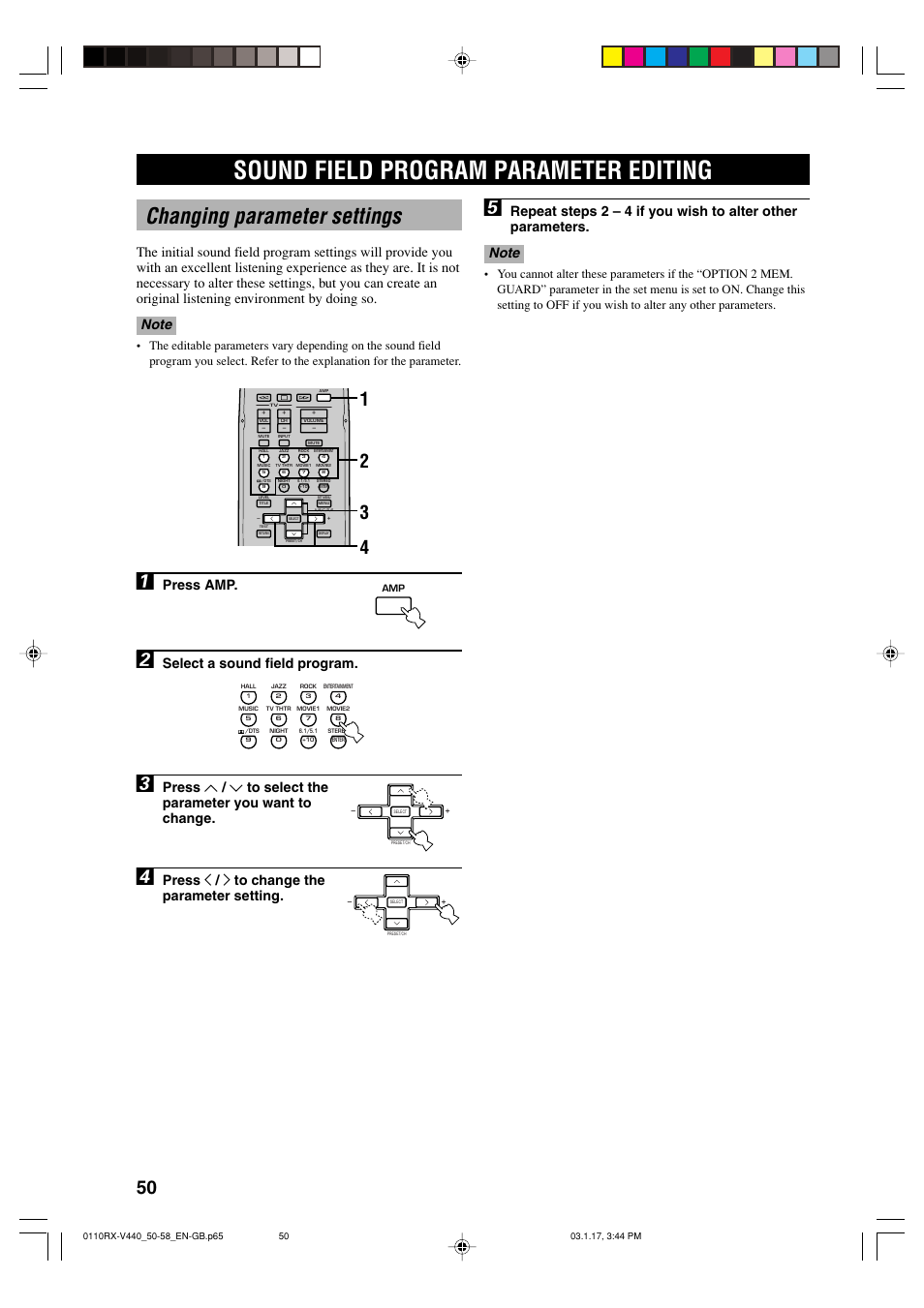 Additional information, Sound field program parameter editing, Changing parameter settings | Press amp, Select a sound field program, Press j / i to change the parameter setting | Yamaha RX-V440RDS  EN User Manual | Page 52 / 63