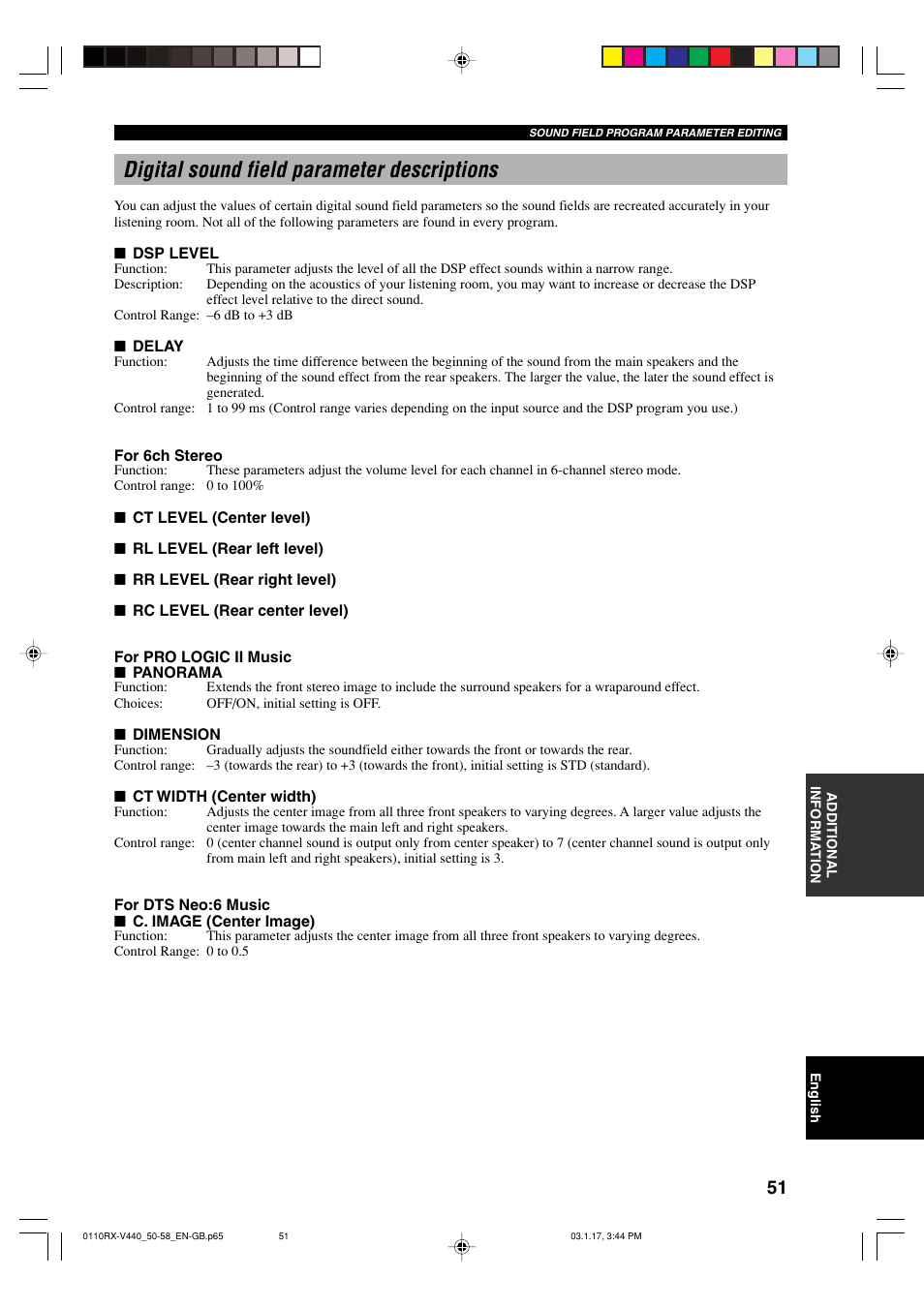 Digital sound field parameter descriptions | Yamaha RX-V440RDS  EN User Manual | Page 53 / 63