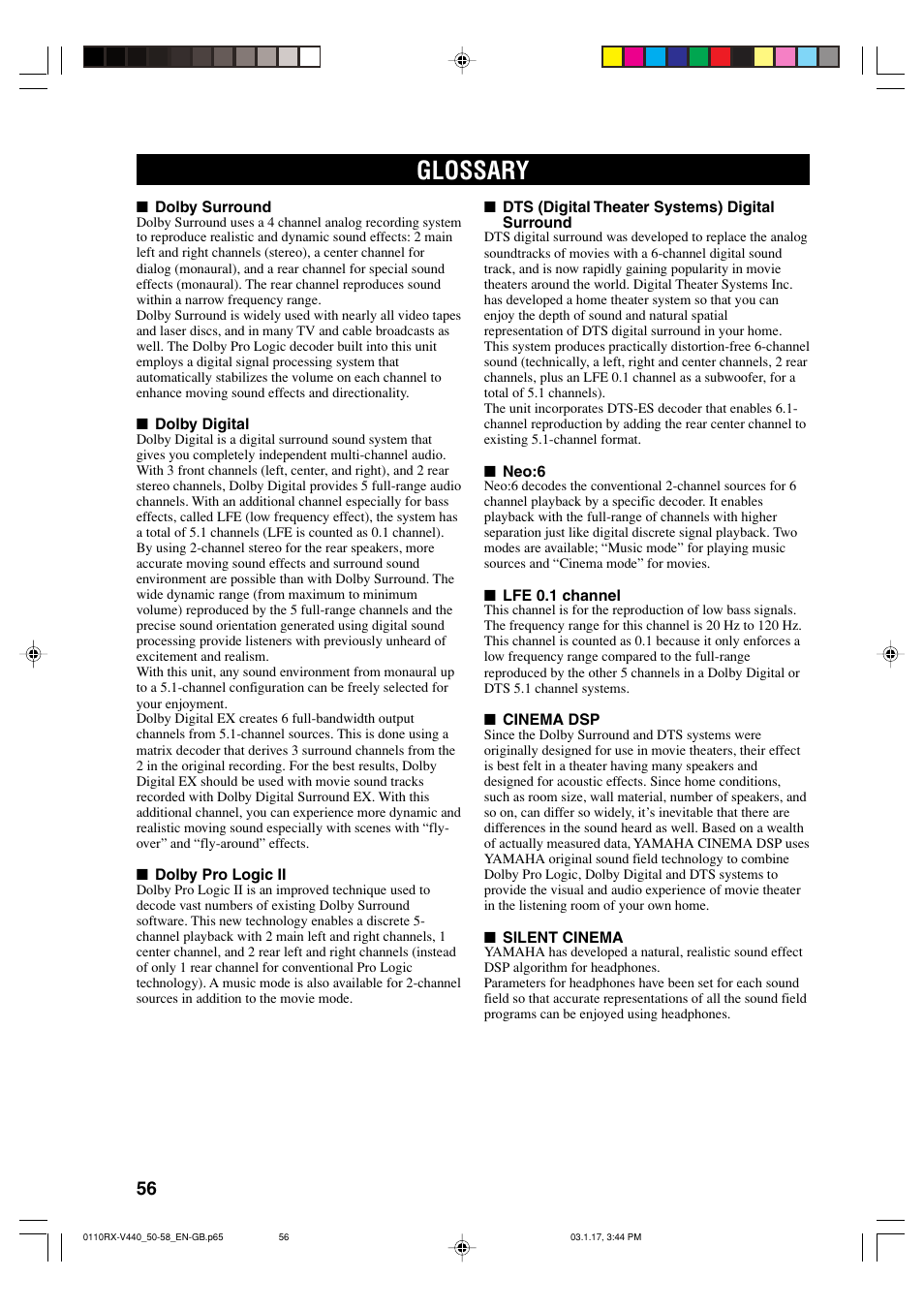 Glossary | Yamaha RX-V440RDS  EN User Manual | Page 58 / 63