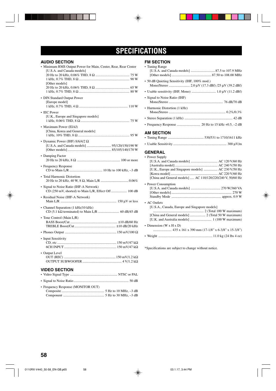 Specifications | Yamaha RX-V440RDS  EN User Manual | Page 60 / 63