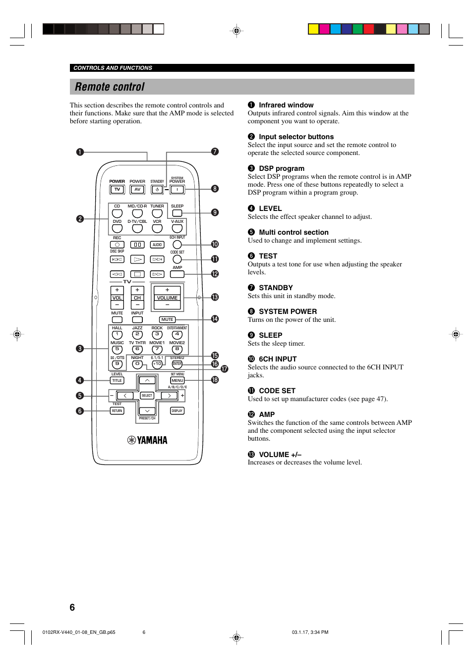Remote control | Yamaha RX-V440RDS  EN User Manual | Page 8 / 63