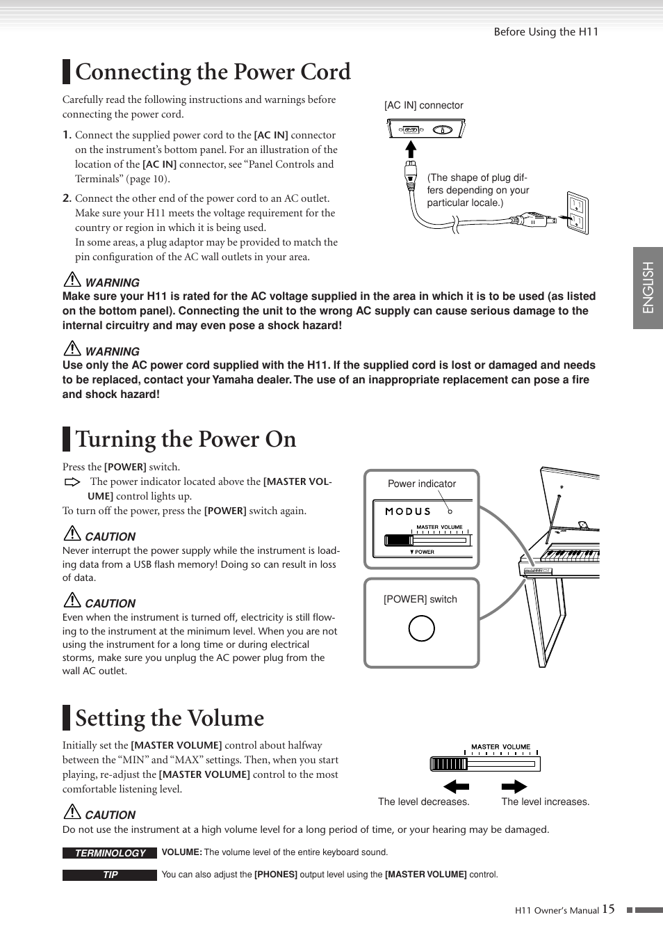 Connecting the power cord, Turning the power on, Setting the volume | P. 15 | Yamaha H11 User Manual | Page 15 / 66