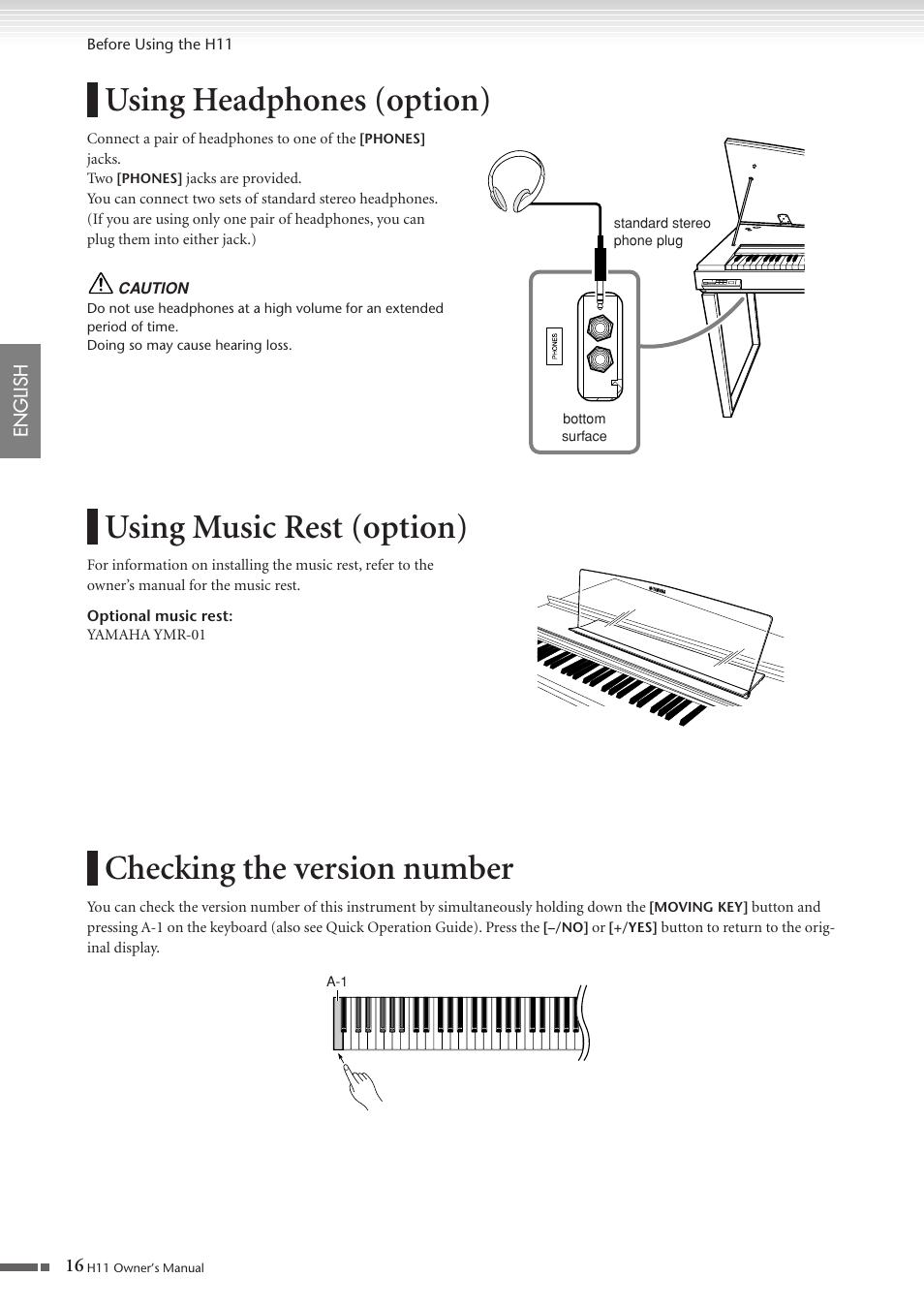 Using headphones (option), Using music rest (option), Checking the version number | P. 16 | Yamaha H11 User Manual | Page 16 / 66