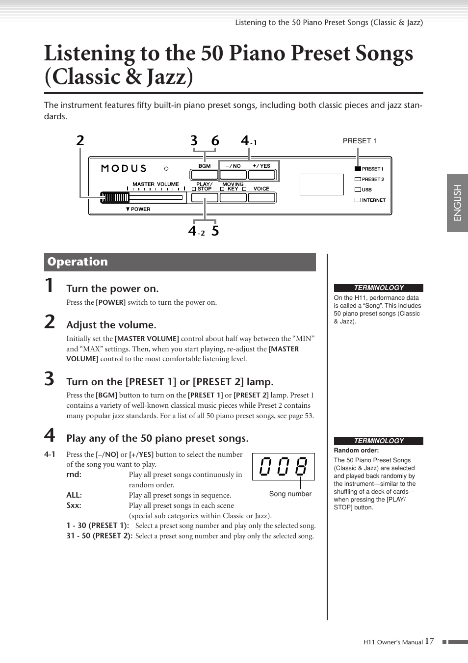 Reference, Listening to the 50 piano preset songs, Classic & jazz) | P. 17, 20, 25, P. 17, Operation | Yamaha H11 User Manual | Page 17 / 66