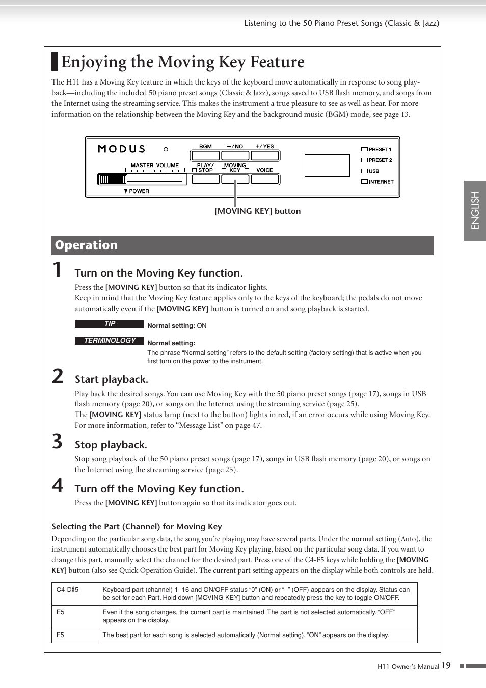 Enjoying the moving key feature, P. 19, Operation | Yamaha H11 User Manual | Page 19 / 66