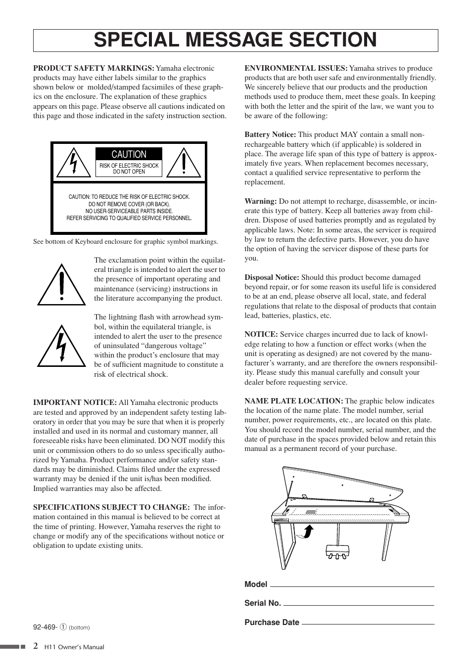 Introduction, Special message section, Caution | Yamaha H11 User Manual | Page 2 / 66