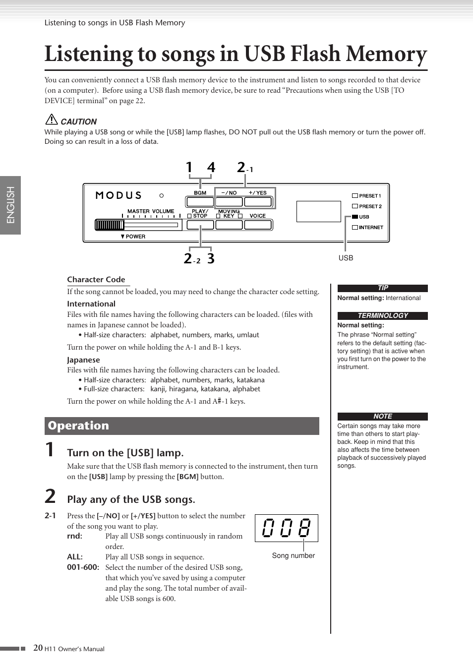 Listening to songs in usb flash memory, Listening to songs in, Usb flash memory | P. 20, Operation | Yamaha H11 User Manual | Page 20 / 66