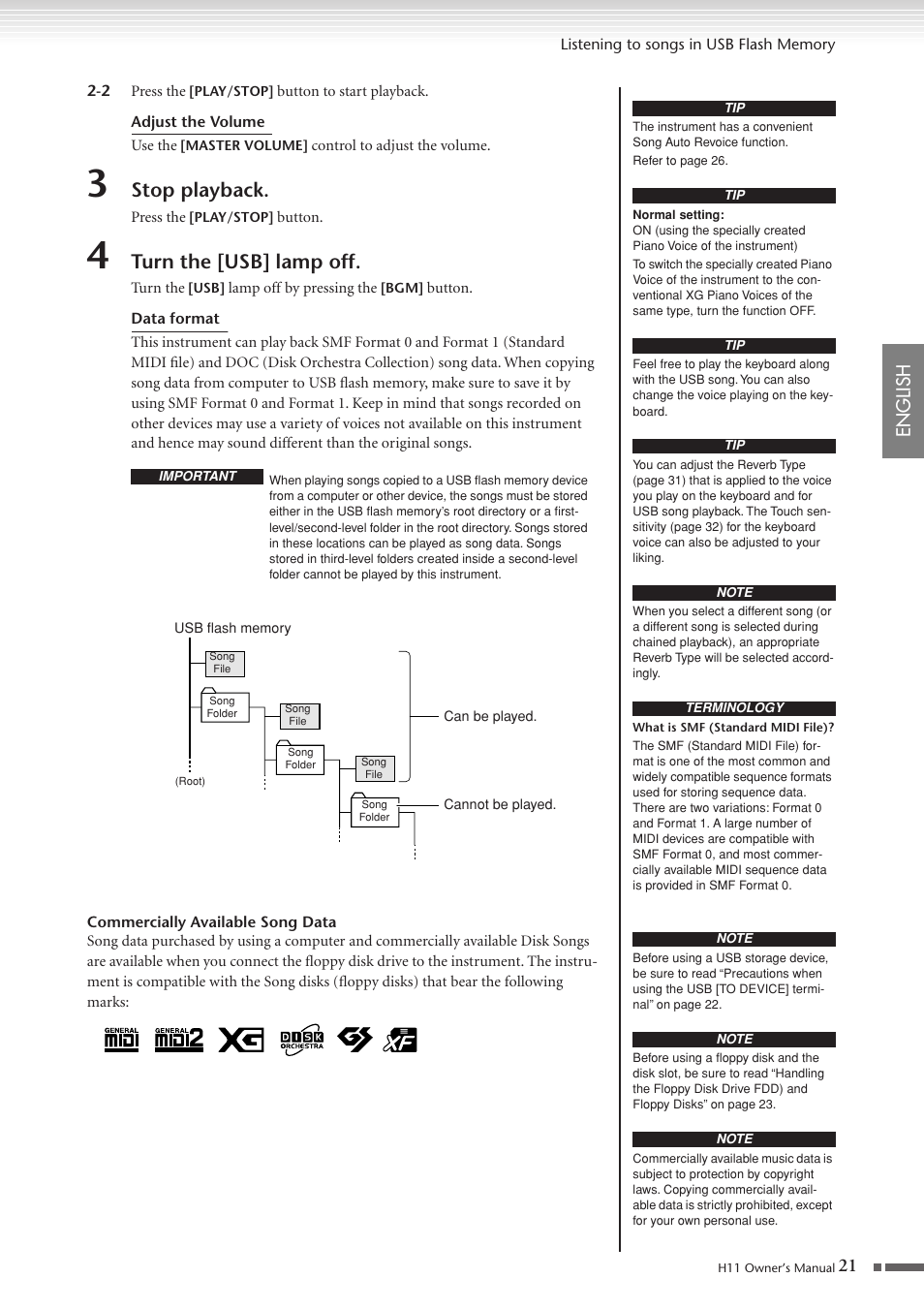 Stop playback, Turn the [usb] lamp off, English | Yamaha H11 User Manual | Page 21 / 66