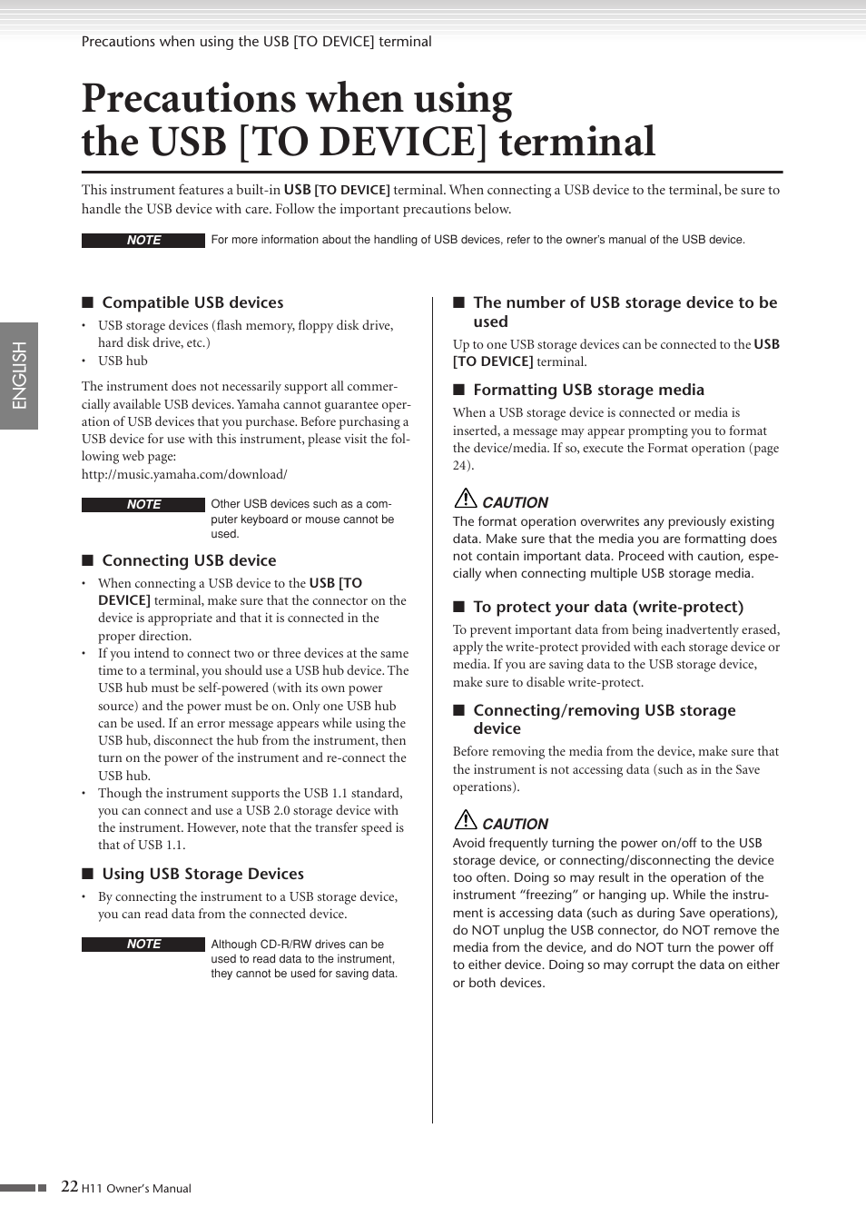 Precautions when using, The usb [to device] terminal | Yamaha H11 User Manual | Page 22 / 66