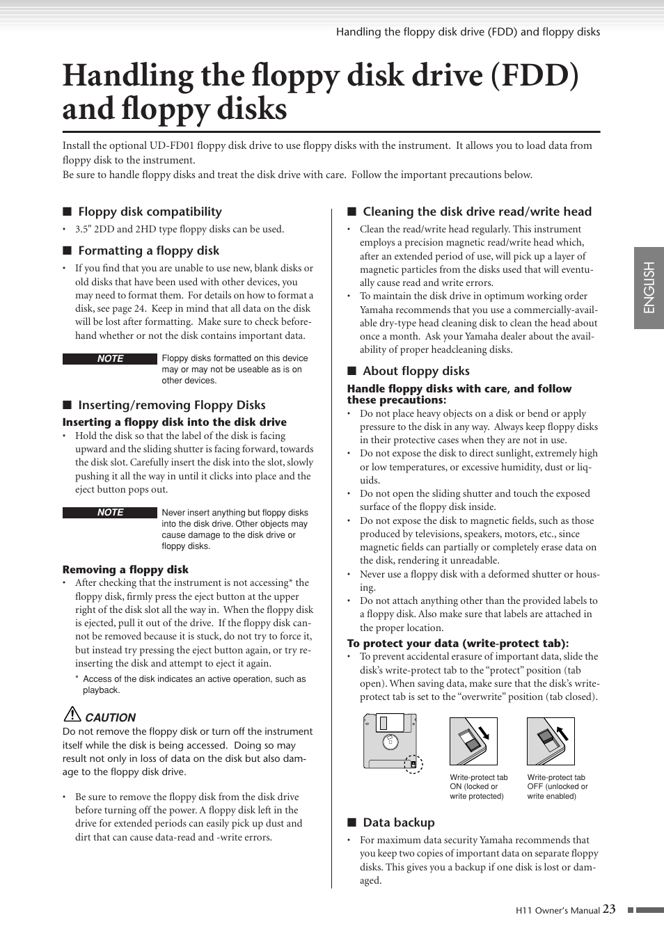 Handling the floppy disk drive (fdd), And floppy disks | Yamaha H11 User Manual | Page 23 / 66