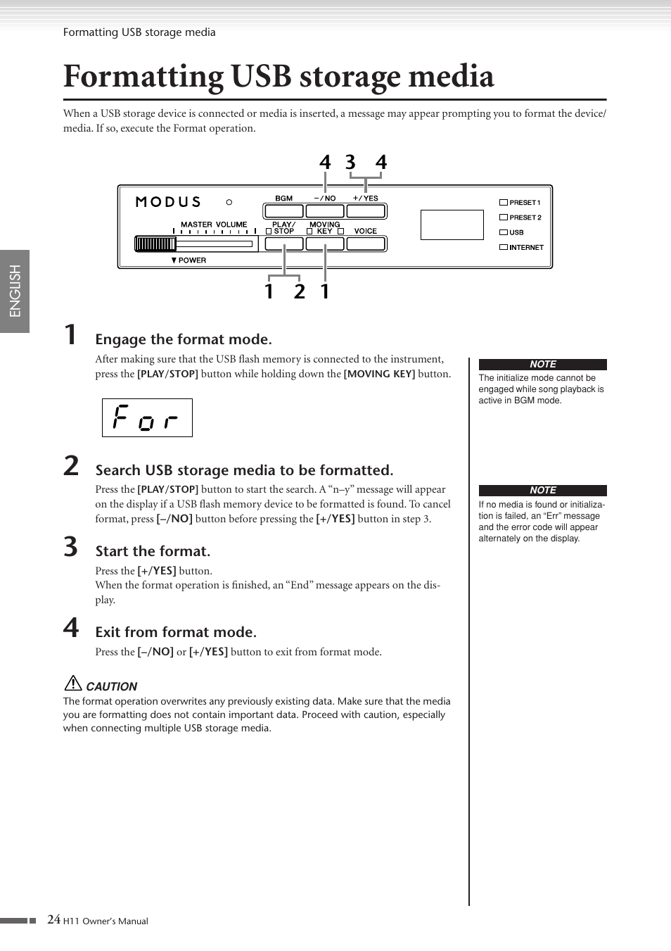 Formatting usb storage media, F o r | Yamaha H11 User Manual | Page 24 / 66