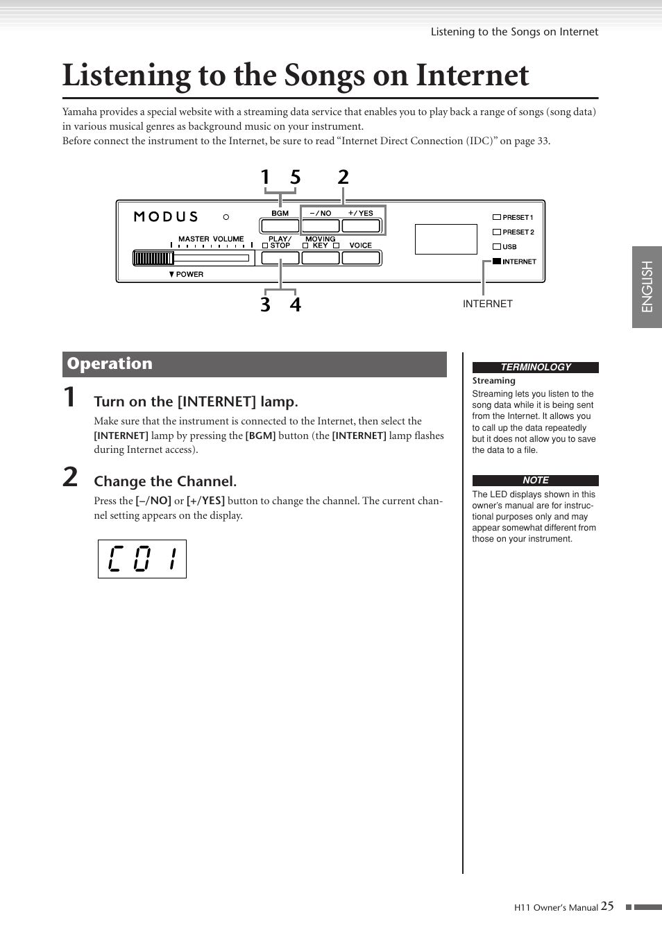 Listening to the songs on internet, P. 25, C 0 1 | Yamaha H11 User Manual | Page 25 / 66