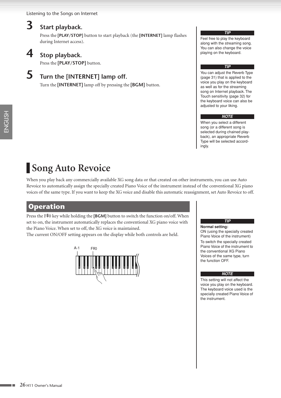 Song auto revoice, Operation | Yamaha H11 User Manual | Page 26 / 66