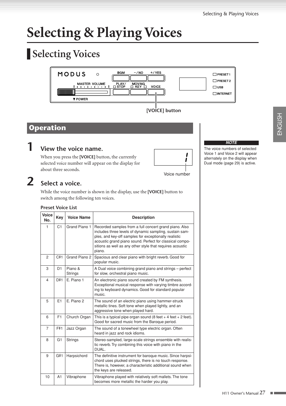 Selecting & playing voices, Selecting voices, P. 27 | Operation, View the voice name, Select a voice | Yamaha H11 User Manual | Page 27 / 66