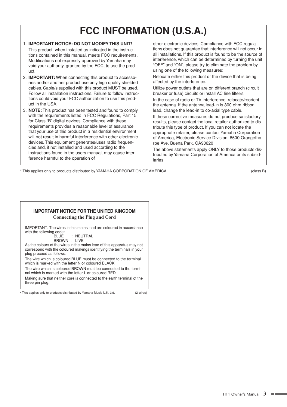 Fcc information (u.s.a.) | Yamaha H11 User Manual | Page 3 / 66