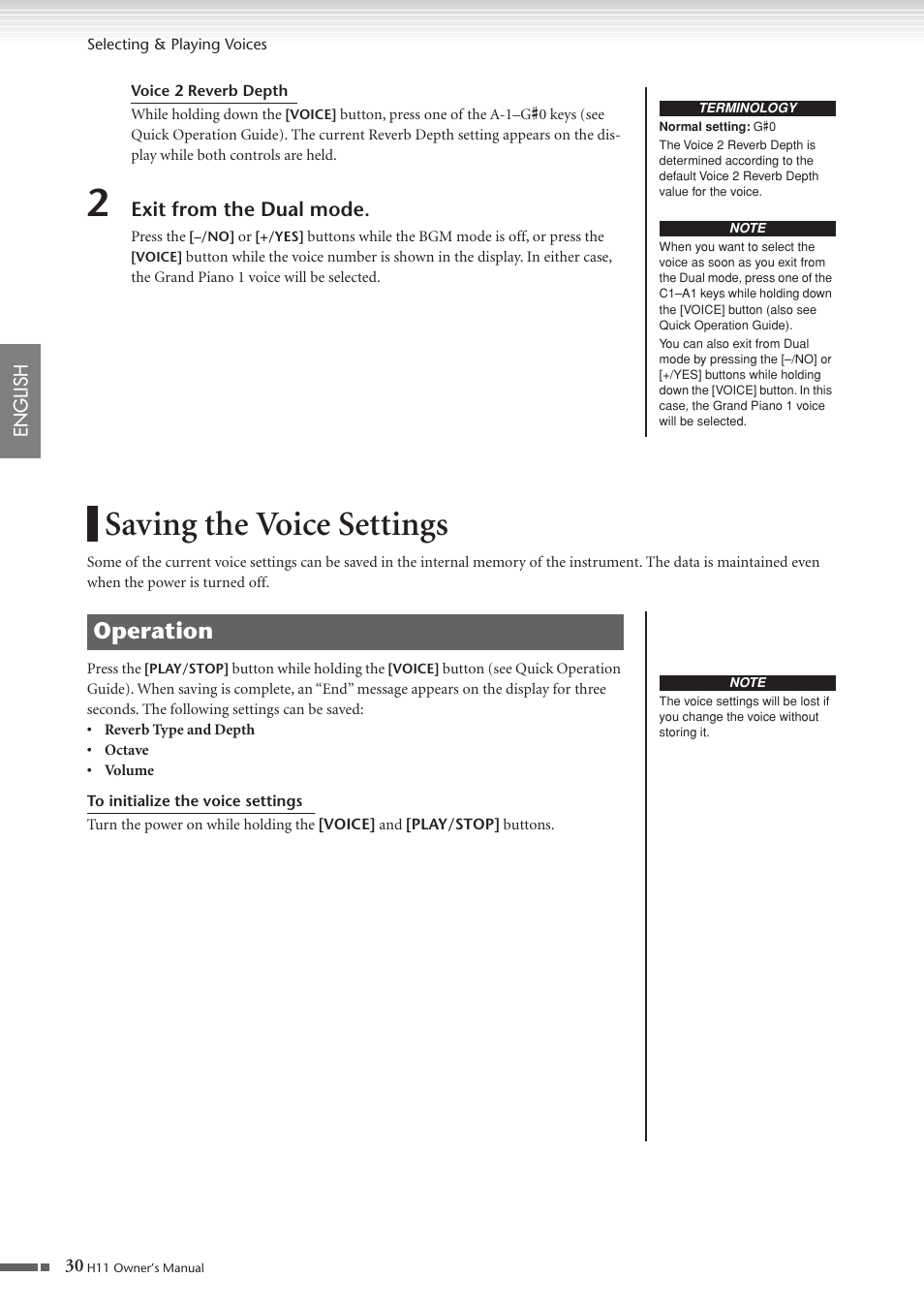 Saving the voice settings, Operation, Exit from the dual mode | Yamaha H11 User Manual | Page 30 / 66