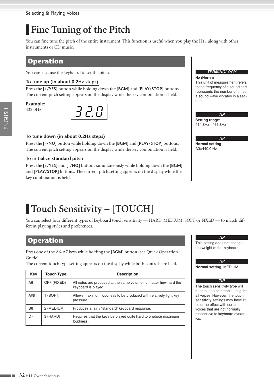 Fine tuning of the pitch, Touch sensitivity - [touch, Touch sensitivity – [touch | Operation, 32 english | Yamaha H11 User Manual | Page 32 / 66