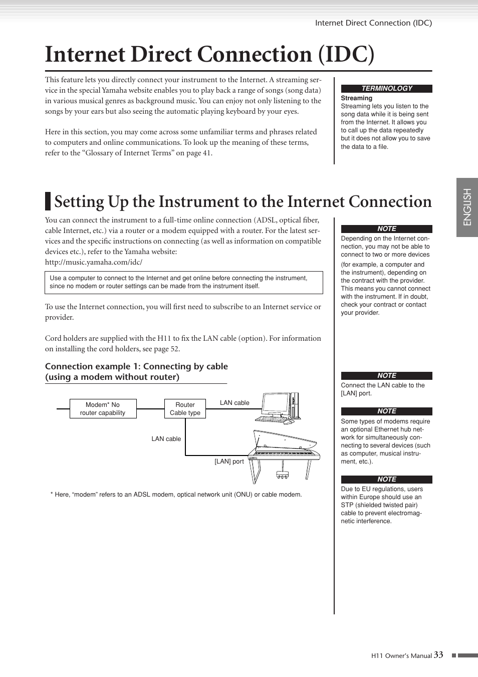 Internet direct connection (idc), Setting up the instrument to the internet, Connection | P. 33, 43, English | Yamaha H11 User Manual | Page 33 / 66