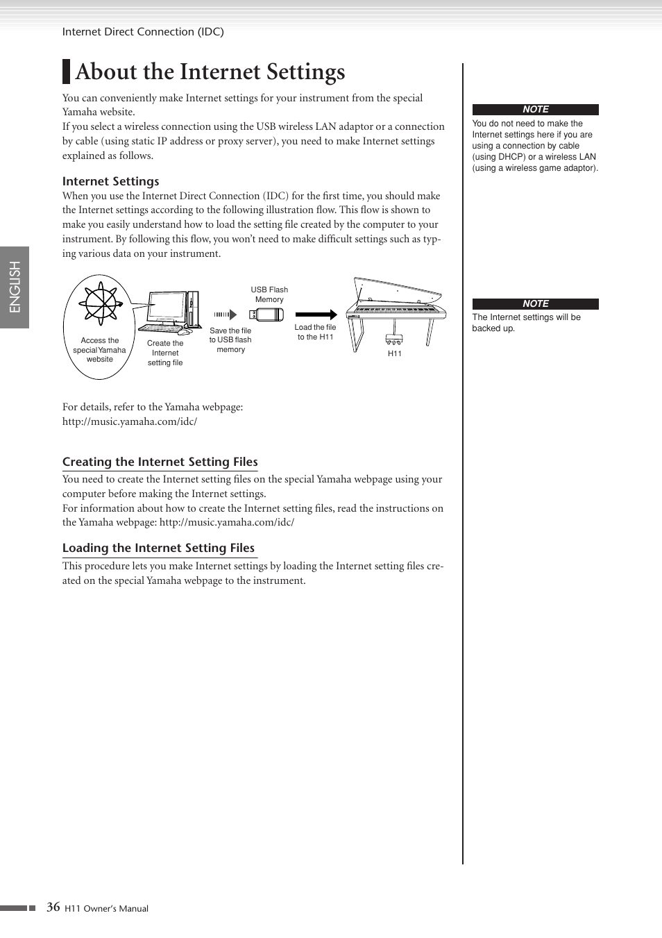 About the internet settings, 36 english | Yamaha H11 User Manual | Page 36 / 66