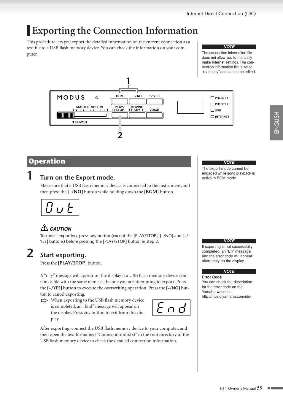 Exporting the connection information, 0 u t, E n d | Operation | Yamaha H11 User Manual | Page 39 / 66