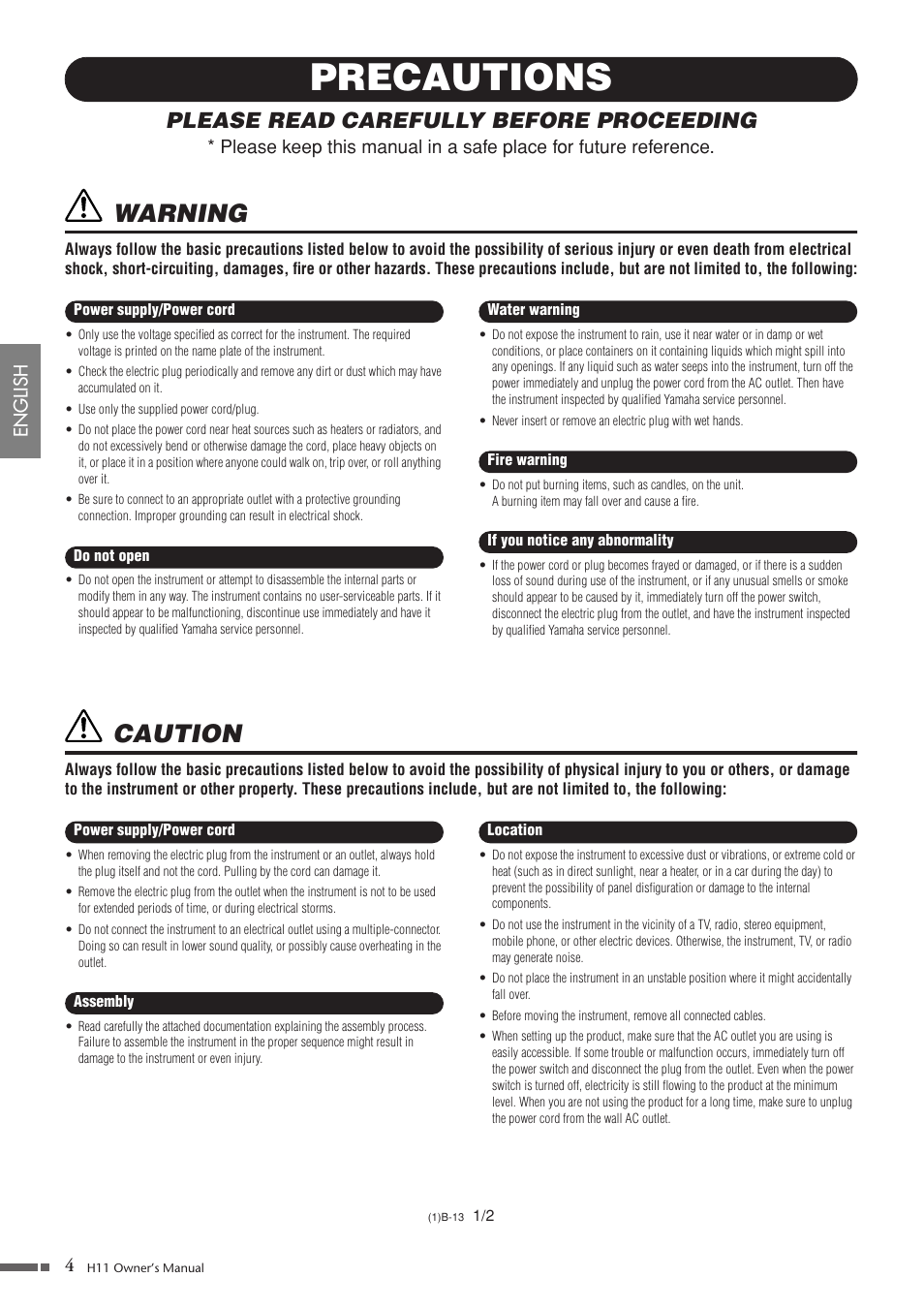 Precautions, Warning, Caution | Please read carefully before proceeding, English | Yamaha H11 User Manual | Page 4 / 66