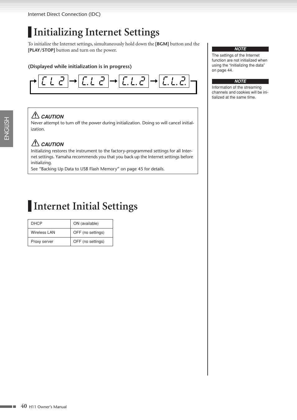 Initializing internet settings, Internet initial settings, C l 2 c. l 2 c. l. 2 c. l. 2 | Yamaha H11 User Manual | Page 40 / 66