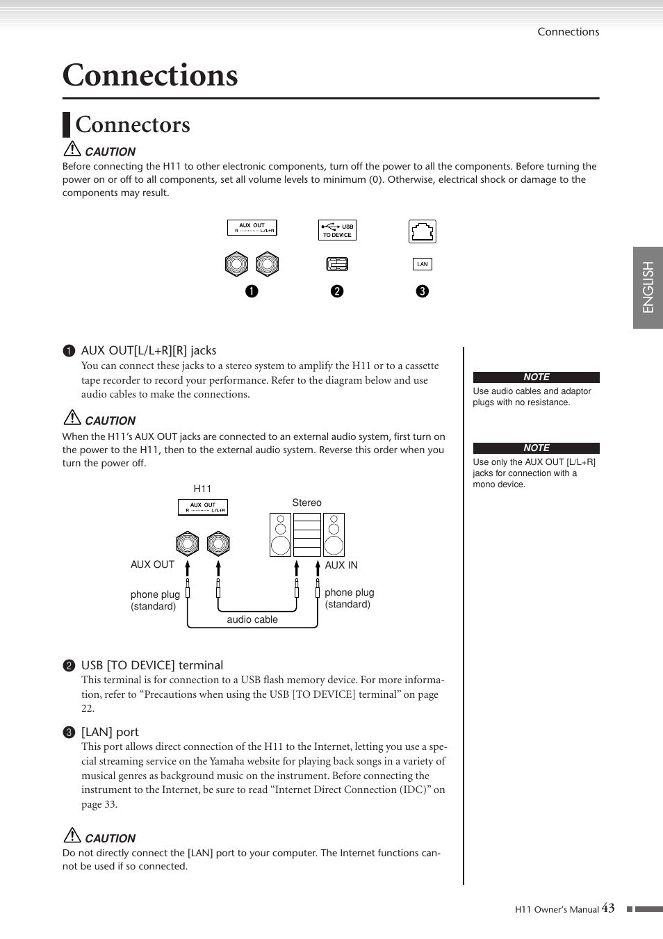 Connections, Connectors, P. 43 | Yamaha H11 User Manual | Page 43 / 66