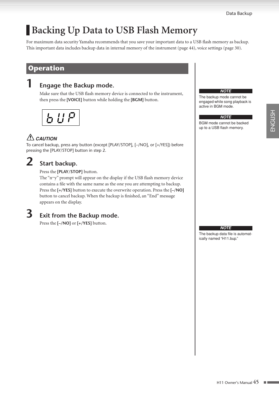 Backing up data to usb flash memory, B u p, Operation | Yamaha H11 User Manual | Page 45 / 66