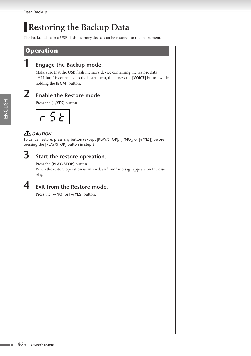 Restoring the backup data, R s t, Operation | Yamaha H11 User Manual | Page 46 / 66