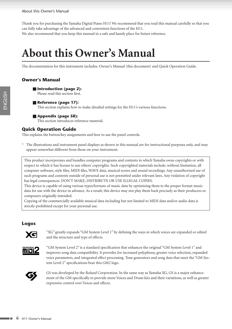 About this owner's manual, About this owner’s manual | Yamaha H11 User Manual | Page 6 / 66