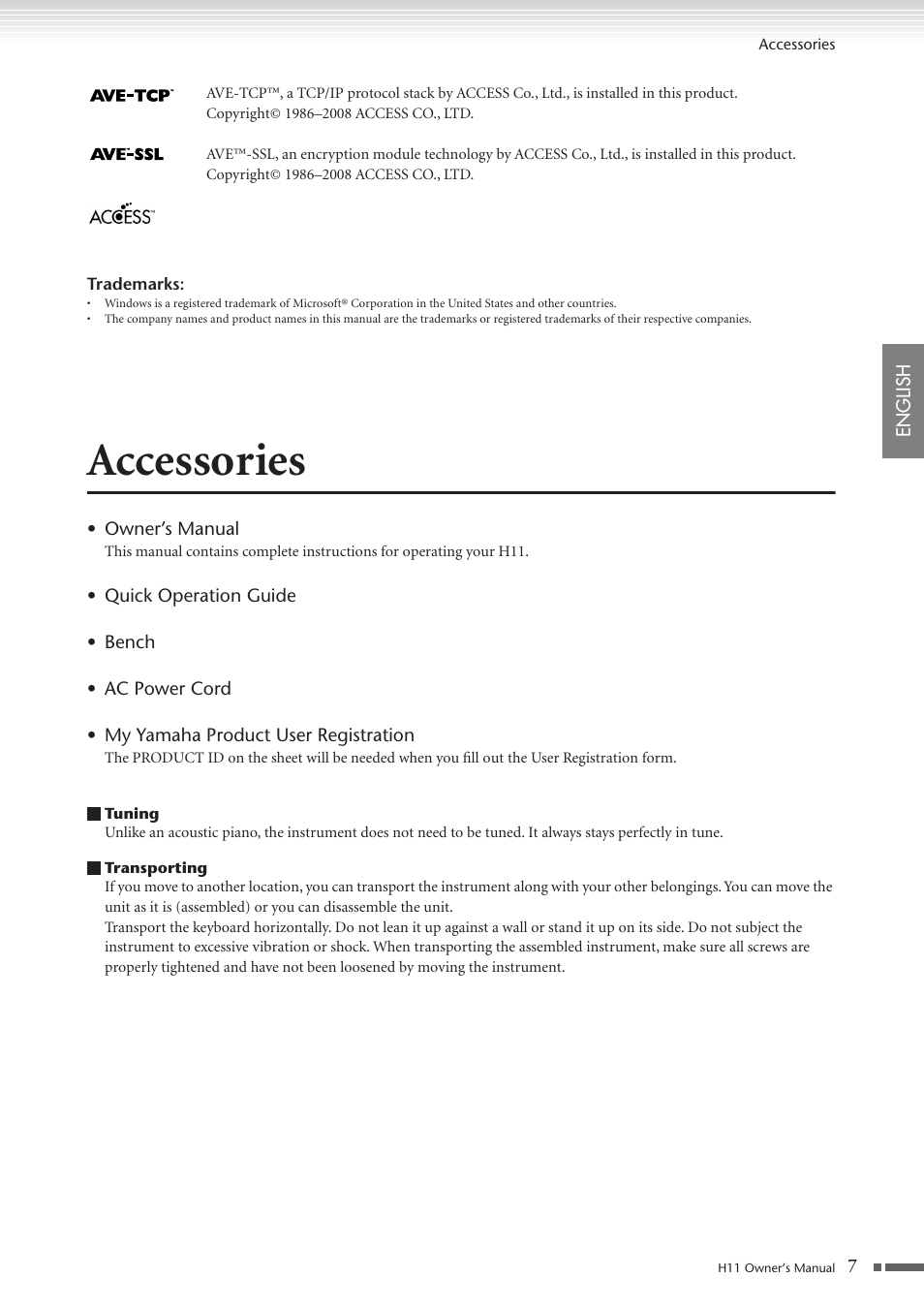 Accessories | Yamaha H11 User Manual | Page 7 / 66