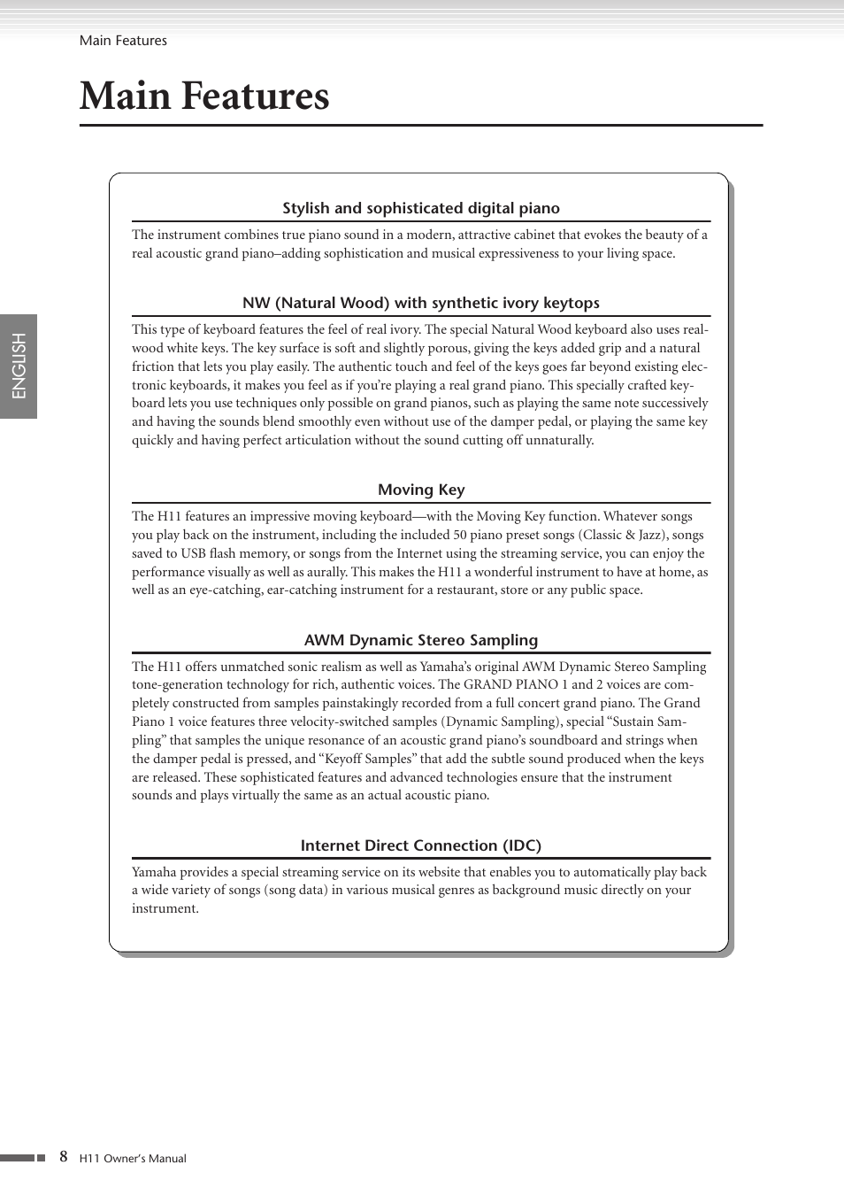 Main features | Yamaha H11 User Manual | Page 8 / 66