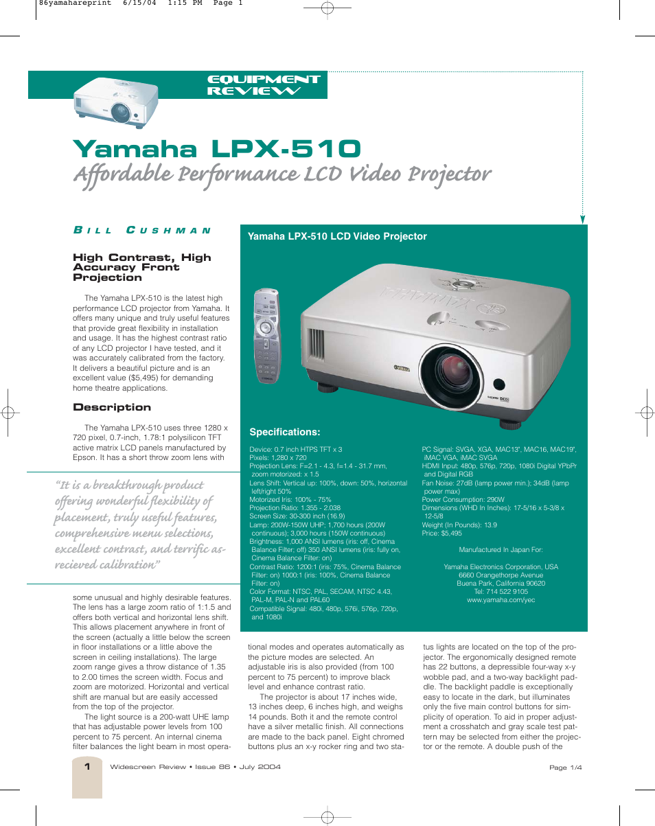 Yamaha LPX-510 User Manual | 4 pages