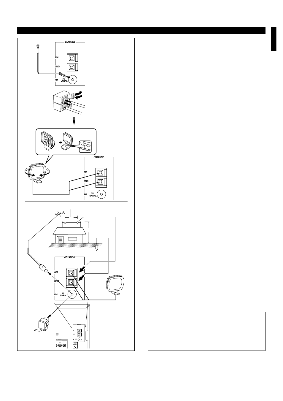 Antenna connection, E-11 english, Connections | 1) supplied fm antenna, 2) supplied am loop antenna, 3) external fm antenna, 4) external am antenna | Yamaha EM-203VCD User Manual | Page 19 / 58