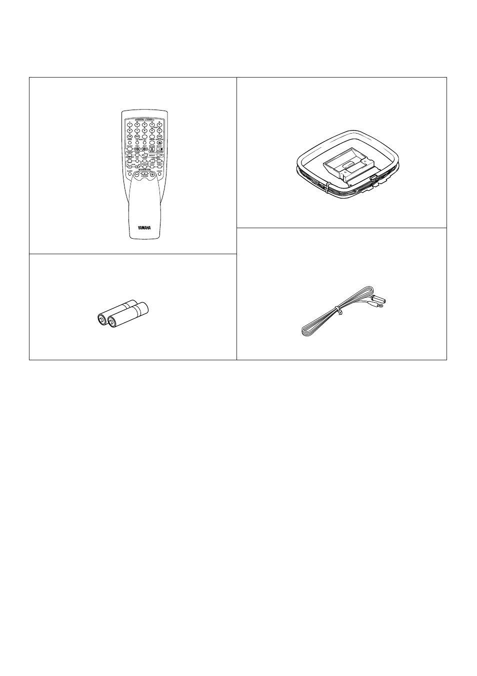 Supplied accessories, Accesorios incluidos, Remote control transmitter | Transmisor del control remoto, Batteries (size aa, um/sum-3, r6, hp-7), Pilas (tamaño aa, tipo um/sum-3, r6, hp-7), Am loop antenna, Antena de cuadro am, Indoor fm antenna, Antena interior de fm | Yamaha EM-203VCD User Manual | Page 2 / 58