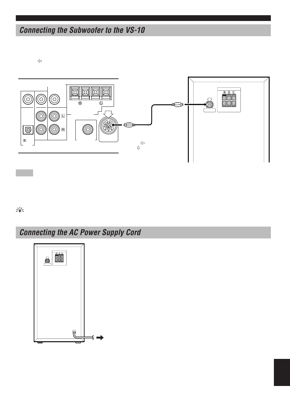 Connecting the ac power supply cord, Connecting the subwoofer to the vs-10, English | Yamaha NX-SW10 User Manual | Page 9 / 15